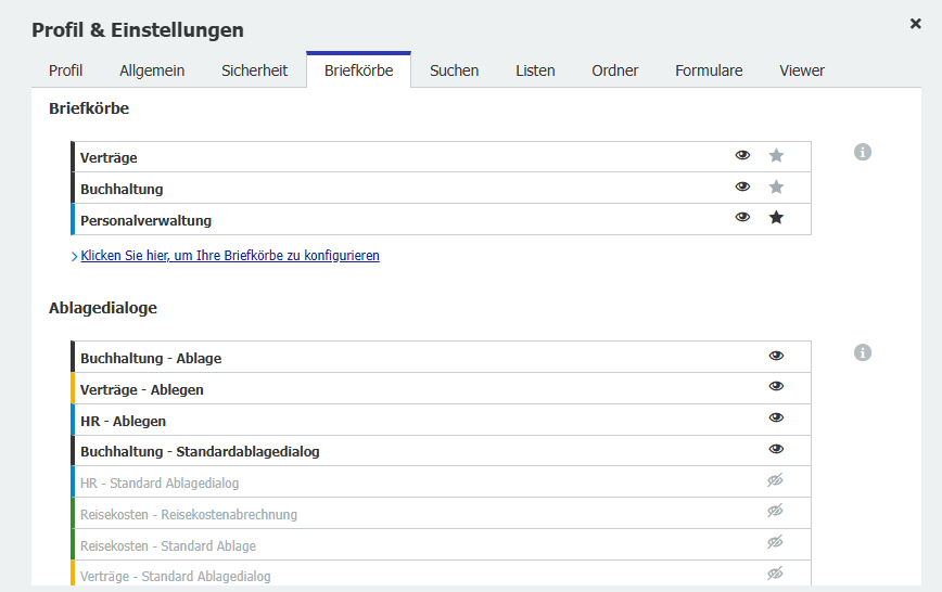 Briefkoerbe und Ablagedialoge